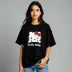 Girls Oversized Drop shoulder Hello Kitty Black T-Shirt – Trendy Cotton Casual Wear for Ladies