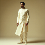 Fashion Solid Color Art Silk Asymmetric Sherwani in Cream