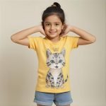 Girls' Yellow "Sweet Wow" Cat Printed T-Shirt